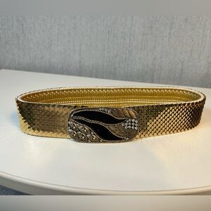 Source Unknown Gold and Black Stretch Belt with Geometric Buckle